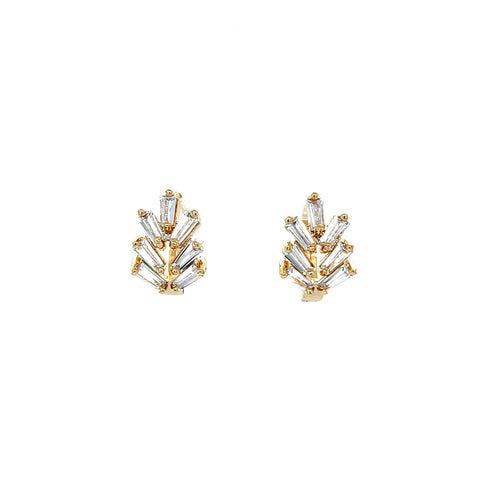 Zirconia Stones Huggies earrings in 10k gold filled material, showcasing a leaf-like design with multiple rectangular zirconia stones arranged symmetrically.